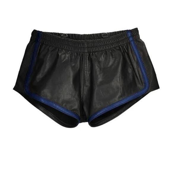 🦋B2G1🦋SHOTS OUCH Uomo Versatile Leather Shorts Gay Style Black/Blue - Picture 3 of 5